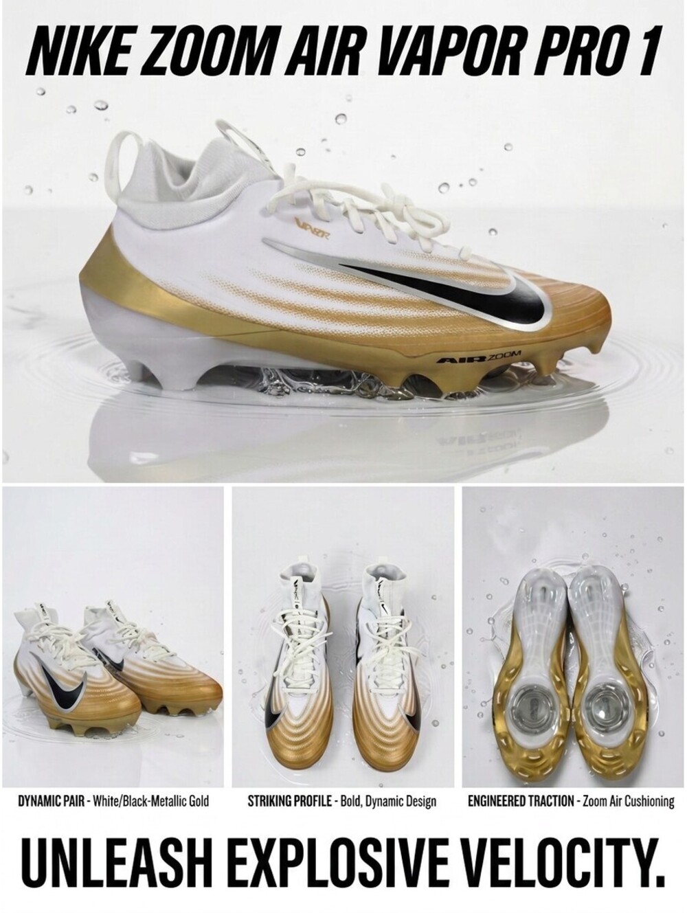 NWOT Nike Zoom Air Vapor Pro 1 Football Cleats Men's 14 White Gold FB3298-103